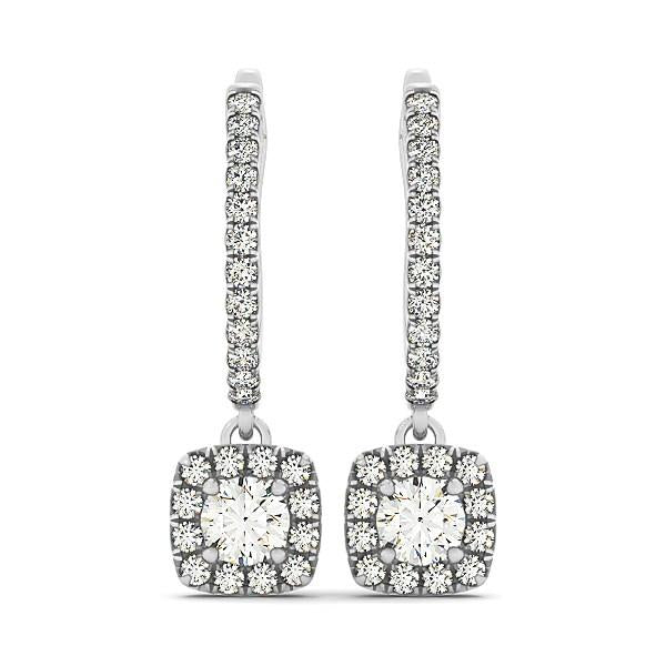 Cushion Shape Halo Style Diamond Drop Earrings in 14k White Gold (1-2 cttw)