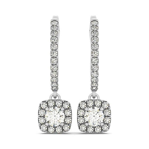 Cushion Shape Halo Style Diamond Drop Earrings in 14k White Gold (1-2 cttw)