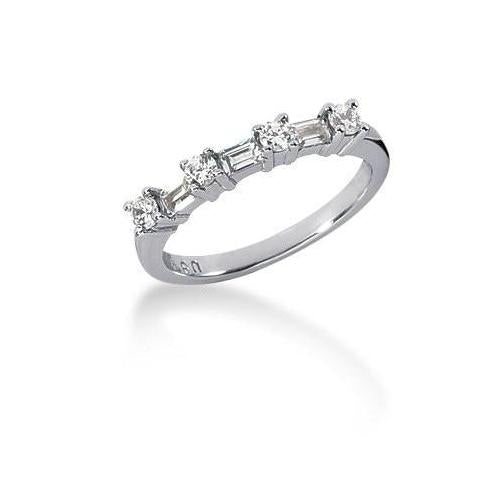 14k White Gold Seven Diamond Wedding Ring Band with Round and Baguette Diamonds